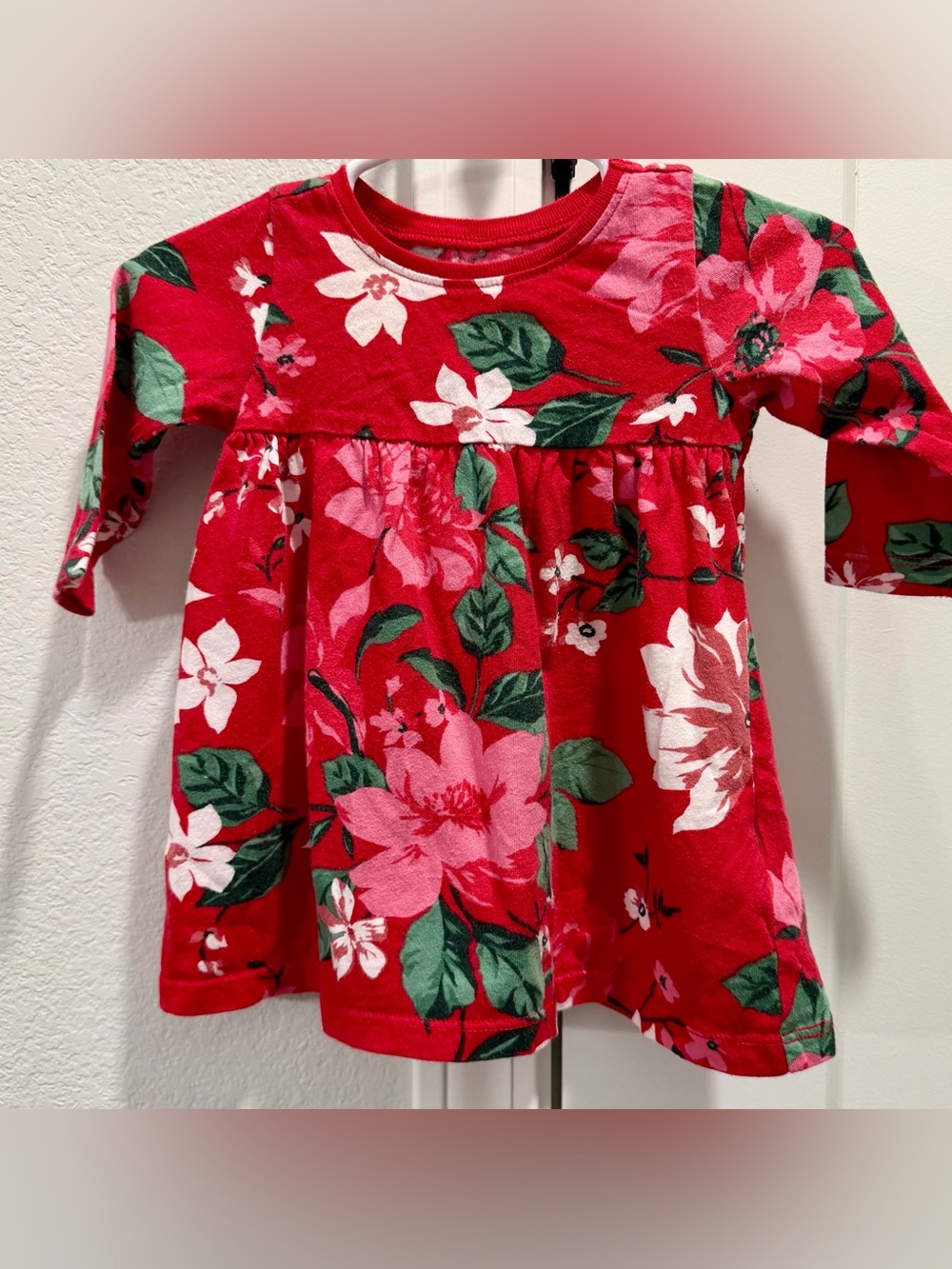Old Navy Baby Pullover Red Pink Green White Floral Long Sleeve Dress 3-6 Months